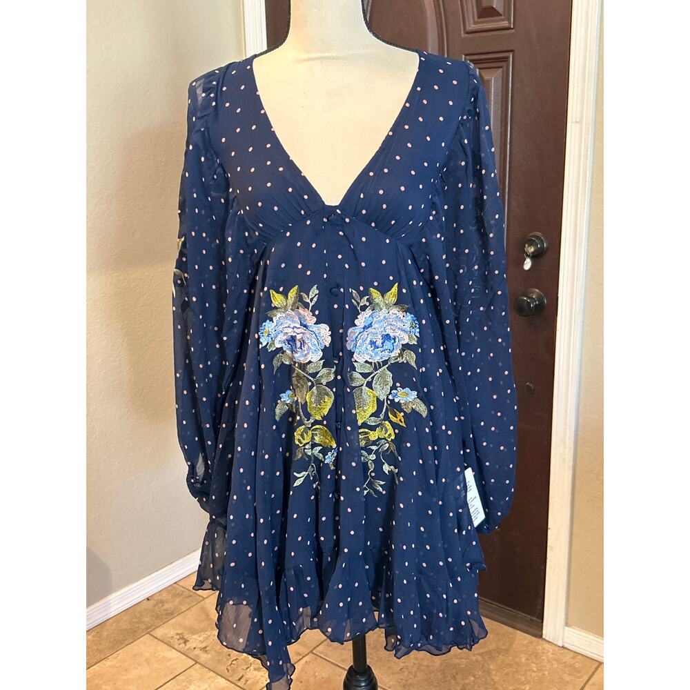NWT Asos Design Blue Polka Dot Embroidered Flowers Dress